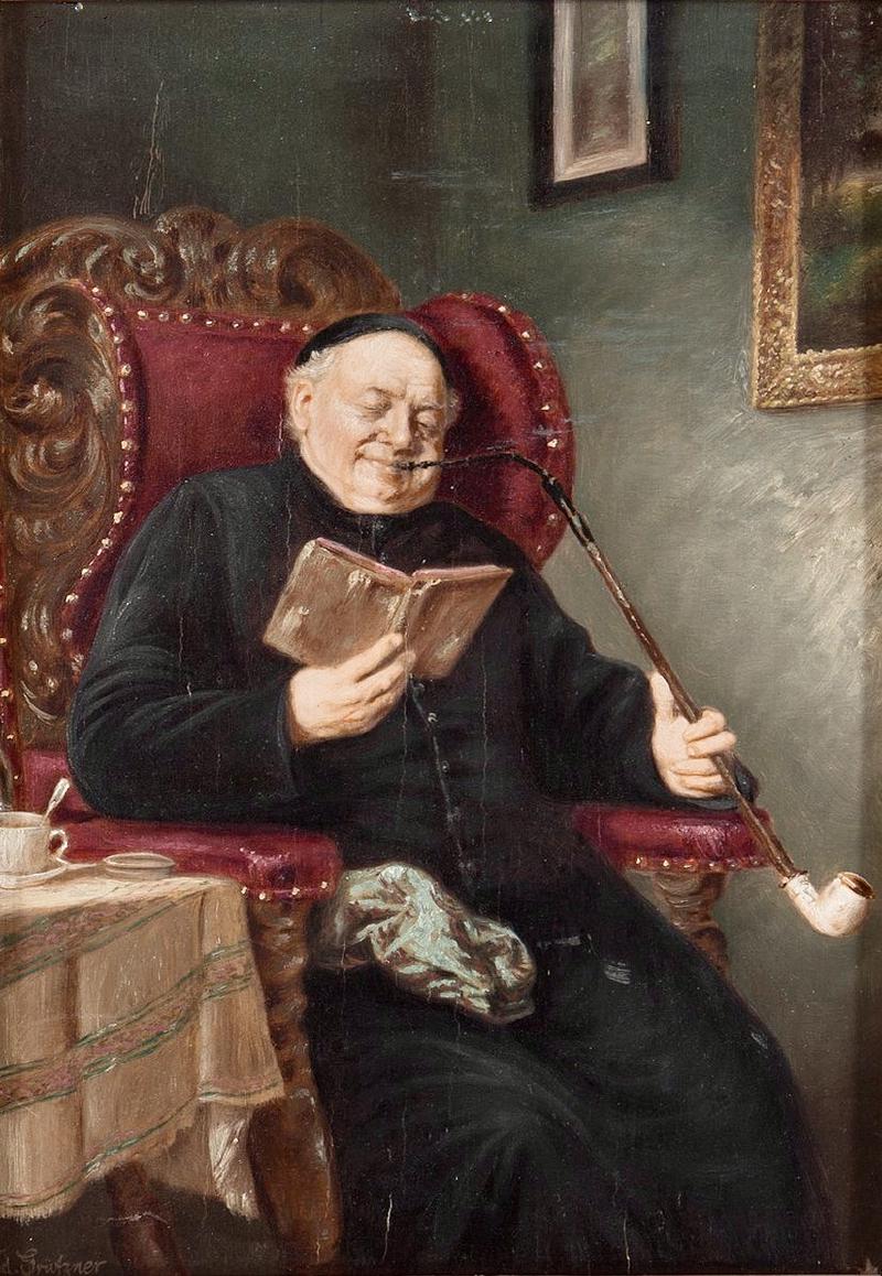 Картина. Эдуард фон Грютцнер. Священник, курящий трубку.